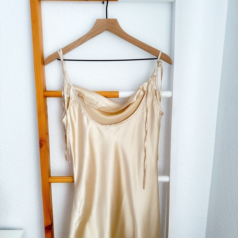 Topsix Bridesmaids Midi Slit Dress Silky Satin Gold Side Slit Cowl Neck - Picture 6 of 14